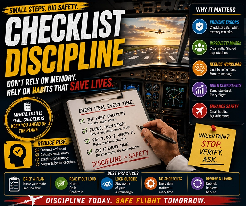 Pilot using a laminated checklist in the cockpit during preflight with hands on controls and checklist visible for reference