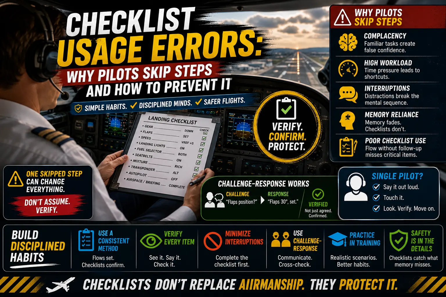 Pilot using a cockpit checklist to verify settings and reduce checklist usage errors