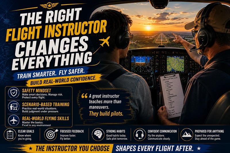 Flight instructor and student pilot reviewing preflight checklist beside a single-engine training aircraft on a ramp under clear skies