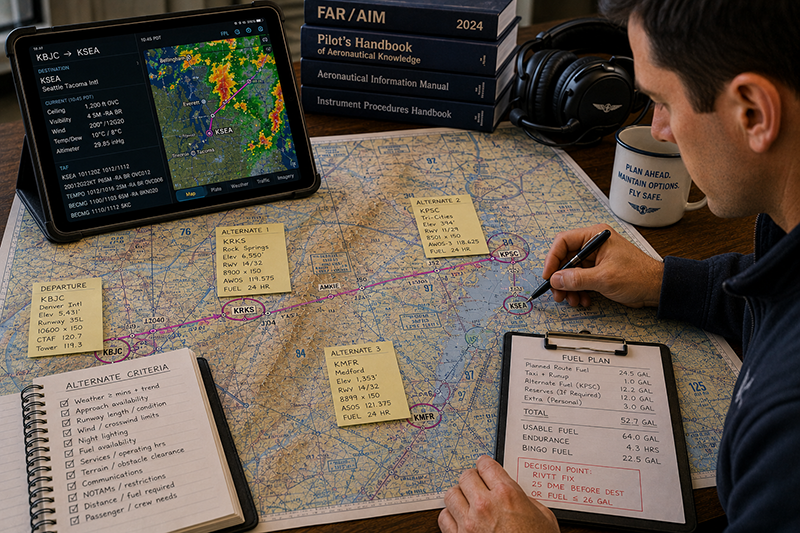 Pilot reviewing route weather and alternate airports on a tablet beside a cockpit navigation display