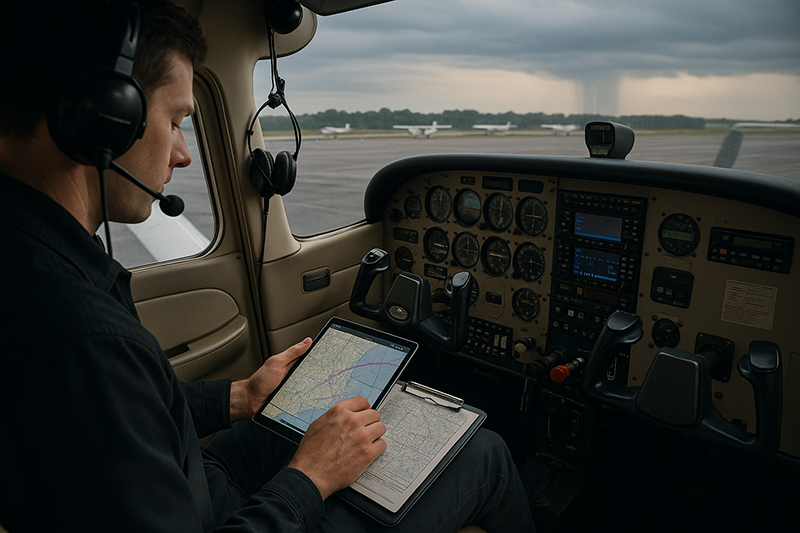 Pilot reviewing a flight plan with alternate airports, weather, and fuel planning on a tablet in the cockpit