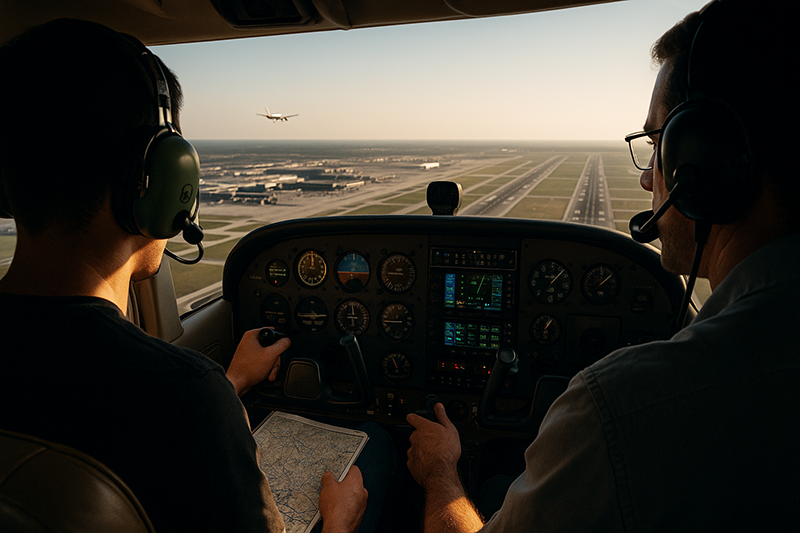 Training aircraft approaching a busy Class B airport with terminal runways and ATC tower in view