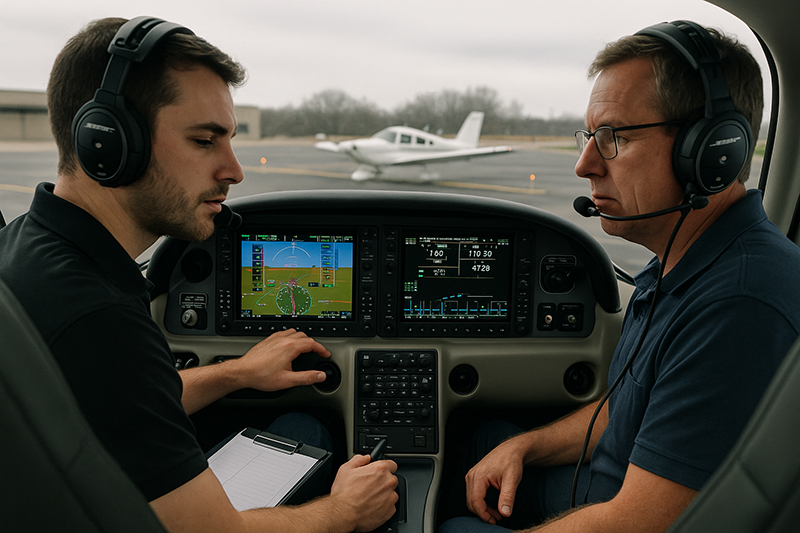Pilot in a training aircraft cockpit copying an IFR clearance from clearance delivery before departure