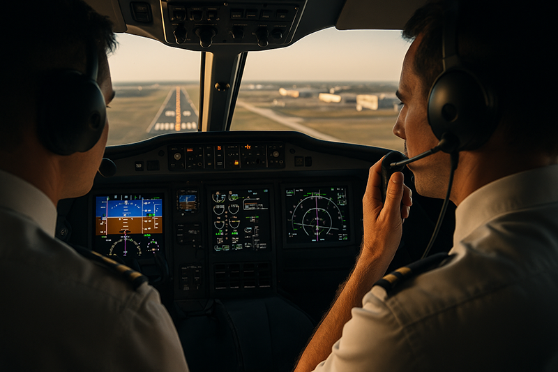 Pilots in a modern cockpit using headsets and checklists to prevent communication errors