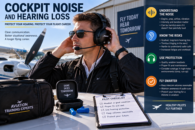 Pilot wearing an aviation headset in a training aircraft cockpit during preflight audio checks