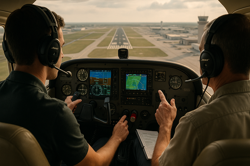 Pilot managing avionics and flight instruments while recognizing cognitive overload in a busy cockpit