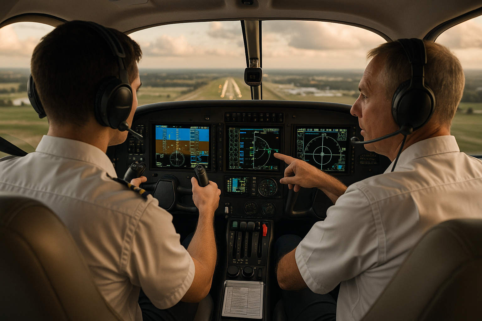 Instructor and student in a light twin cockpit reviewing approach plates with modern avionics visible, preparing for commercial flight training.