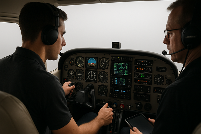 Pilot practicing instrument scan technique in a training aircraft cockpit during simulated IFR flight