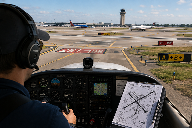 Pilot reviewing an airport diagram while taxiing at a complex towered airport with runway signs visible
