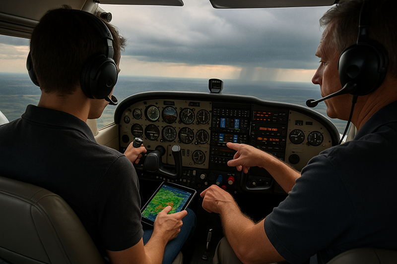 Pilot reviewing weather and cockpit instruments while assessing confirmation bias in flight planning