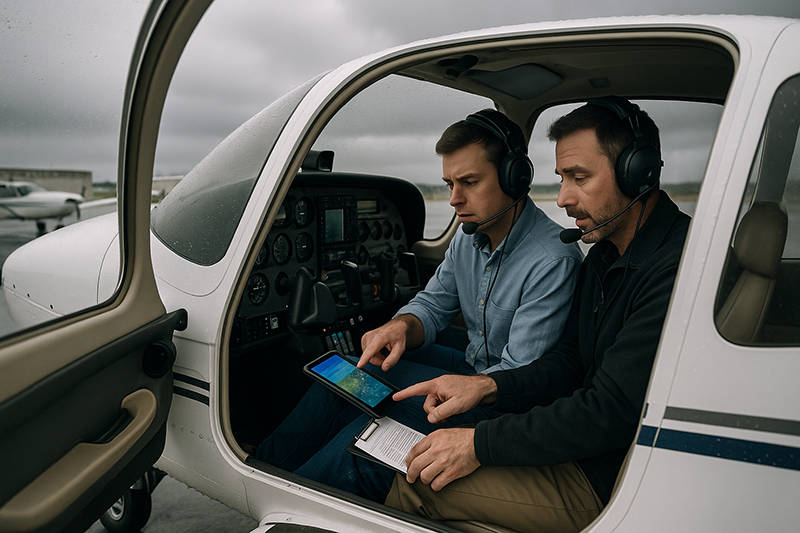 Pilot reviewing flight data and weather while evaluating confirmation bias in aviation decision-making