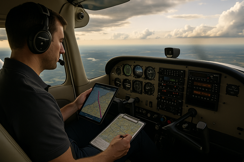 Pilot reviewing route, weather, and diversion options before a long cross-country flight