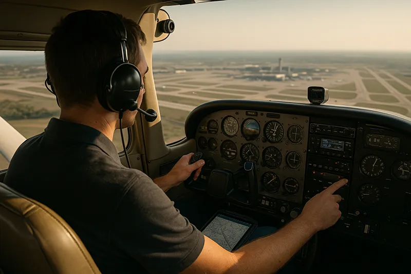 Small single-engine airplane crossing controlled terminal airspace with ATC frequencies shown on a cockpit GPS, preflight planning materials visible