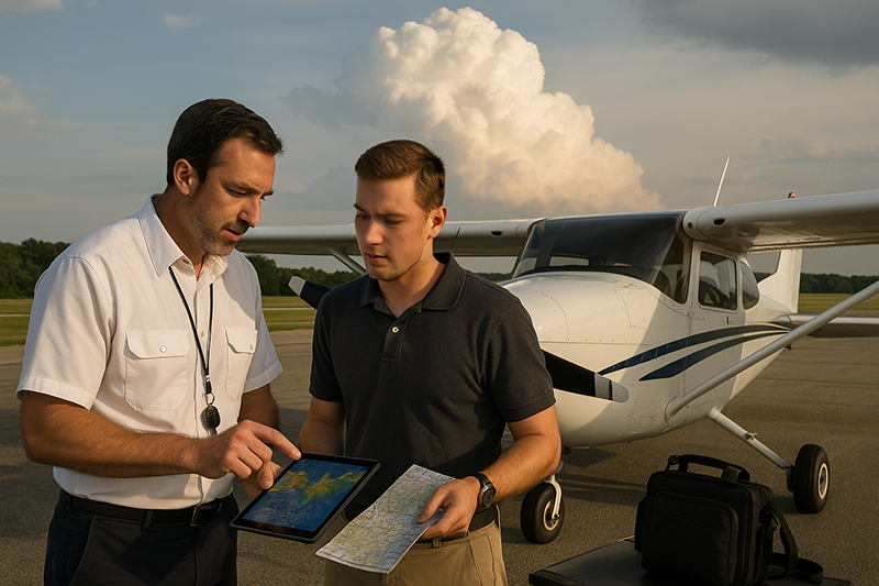 Pilot reviewing Convective SIGMET weather graphics before a cross-country flight in a light aircraft cockpit