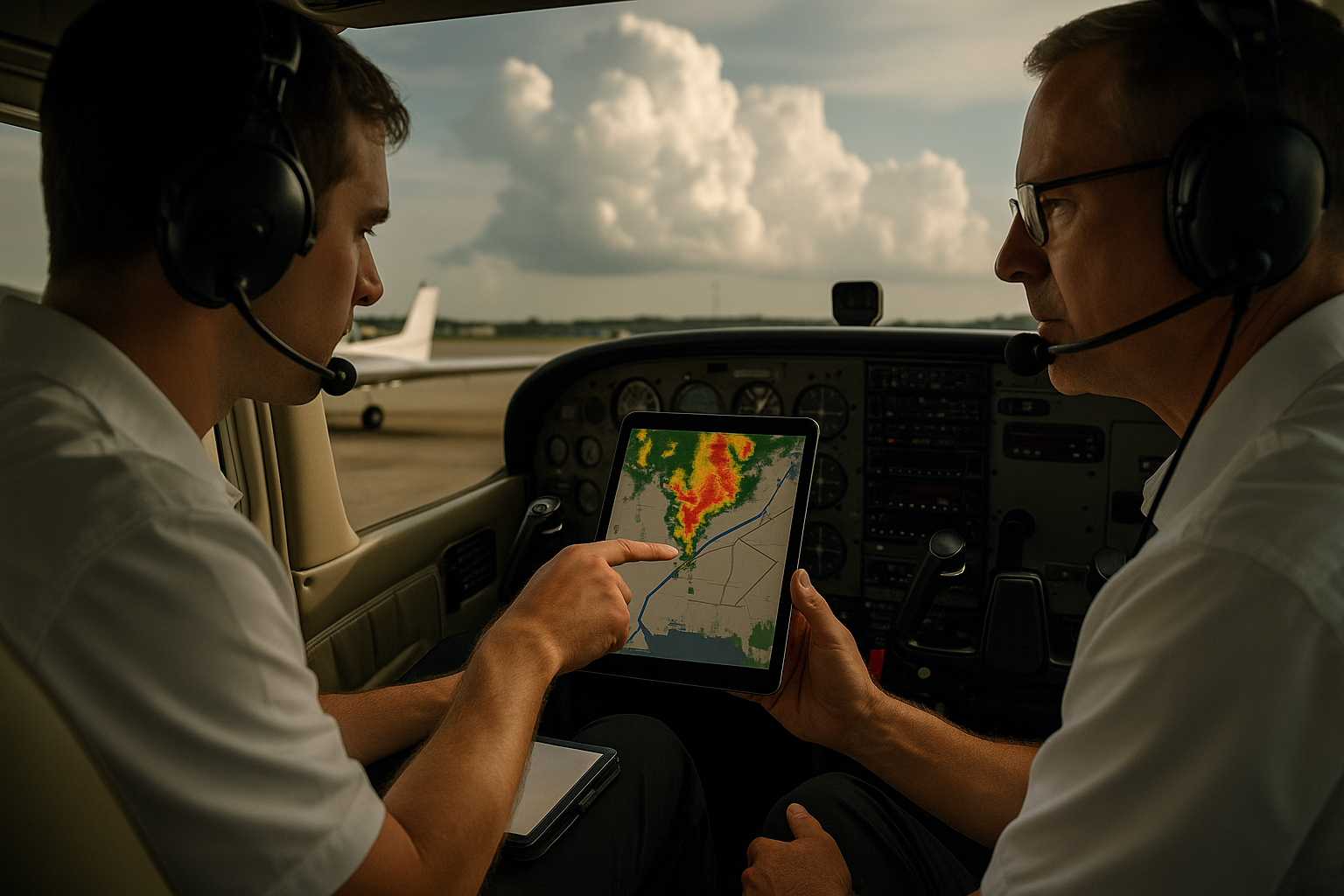 Pilot reviewing a convective SIGMET and thunderstorm route on an aviation weather display
