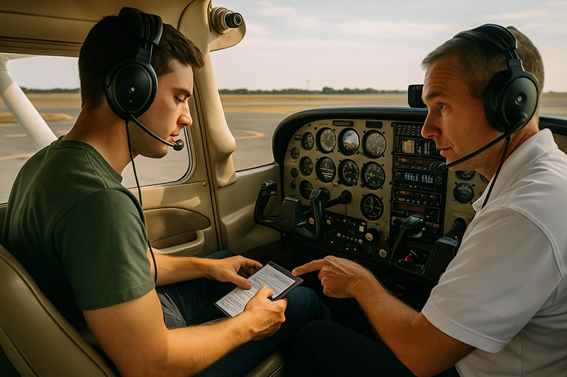 Student pilot and flight instructor briefing at a small training airplane before flight, focusing on communication and workload management