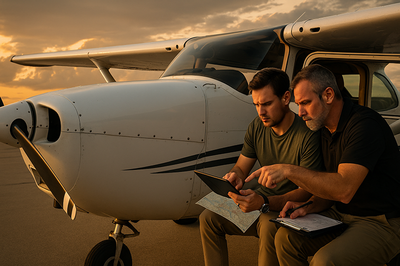 Pilot reviewing a sectional chart and tablet while planning a cross-country flight route