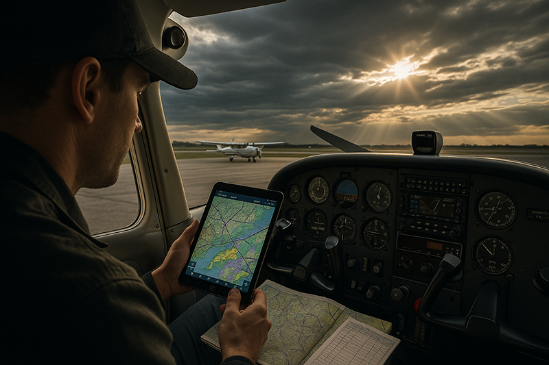 Pilot reviewing cross-country planning charts and tablet beside a general aviation aircraft
