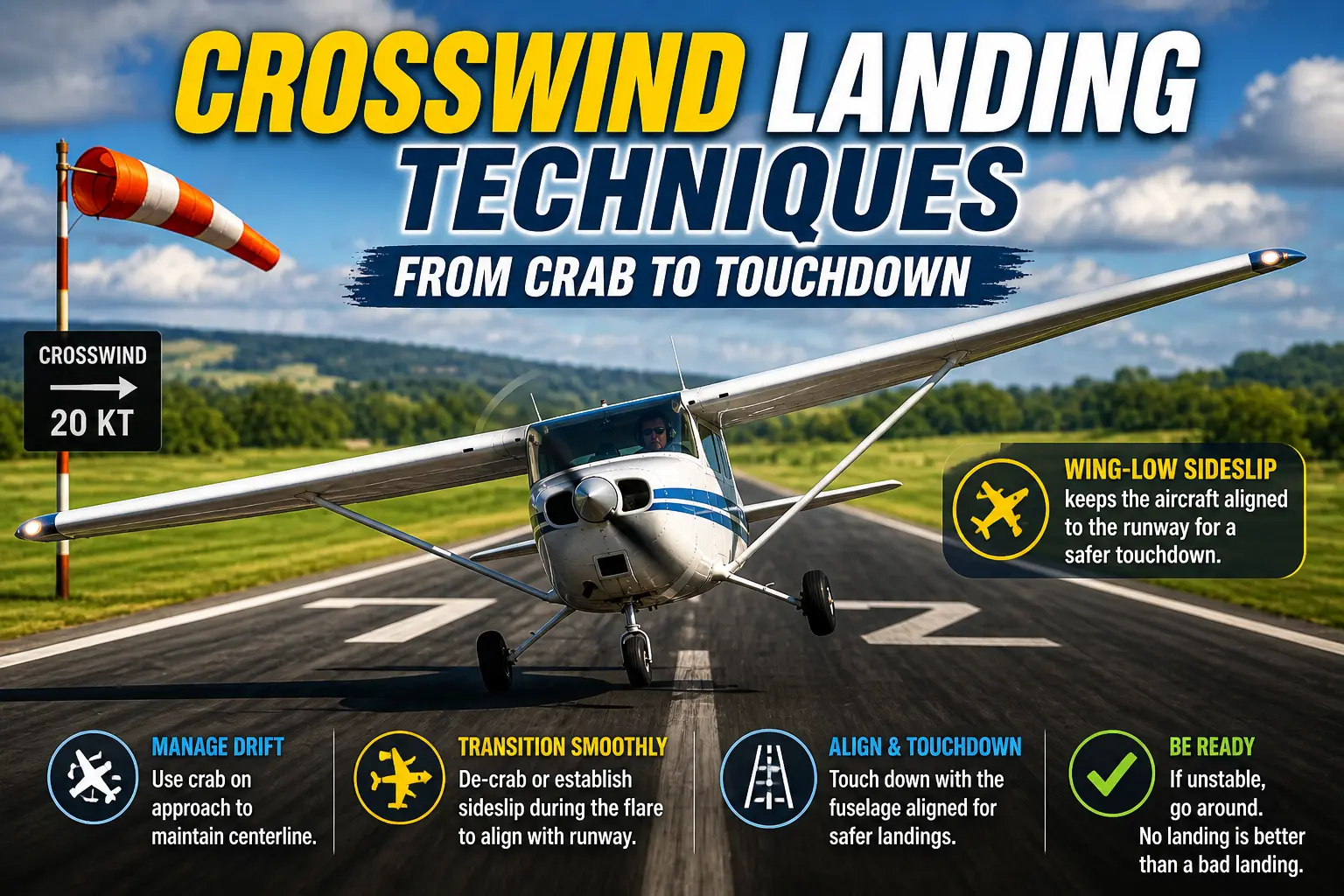 Small single-engine airplane landing in a crosswind with wing low and aligned fuselage