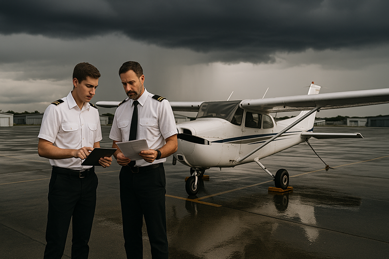 Pilot reviewing weather and flight planning materials before deciding to delay a general aviation flight