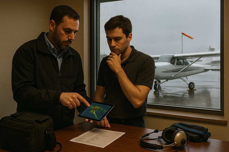 Pilot reviewing weather and flight planning materials before delaying a general aviation departure
