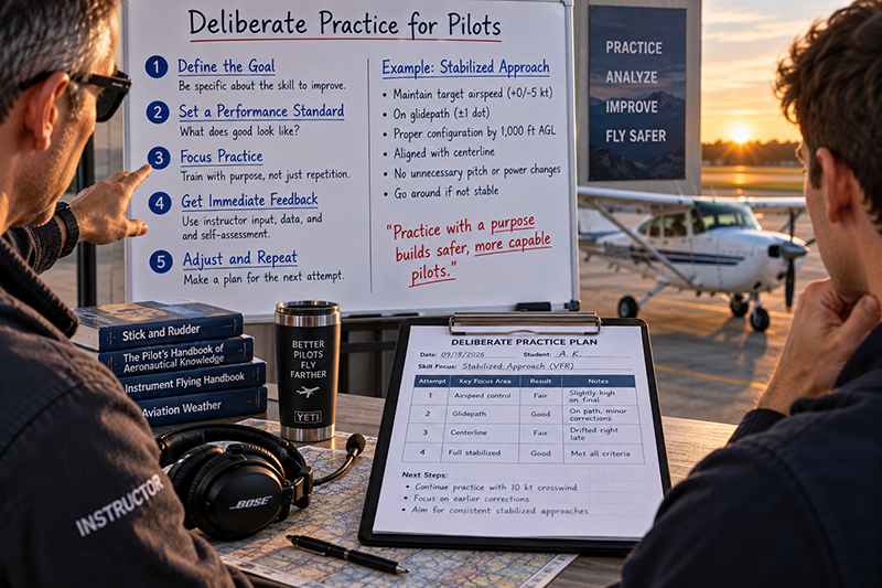 Flight instructor and pilot reviewing maneuver notes beside a training aircraft after a proficiency flight