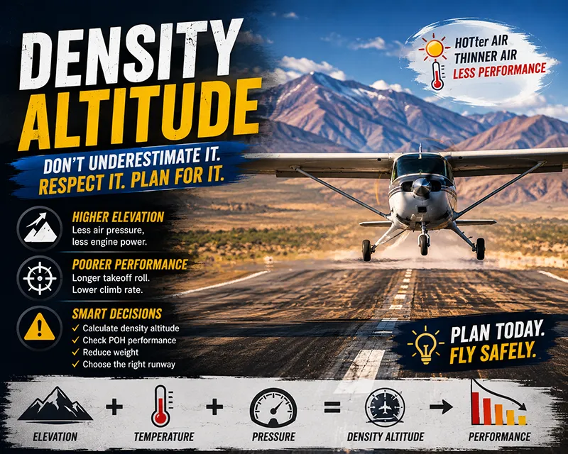 Small single-engine airplane taking off from a high-elevation runway on a hot day, illustrating high density altitude operational conditions and pilot performance planning
