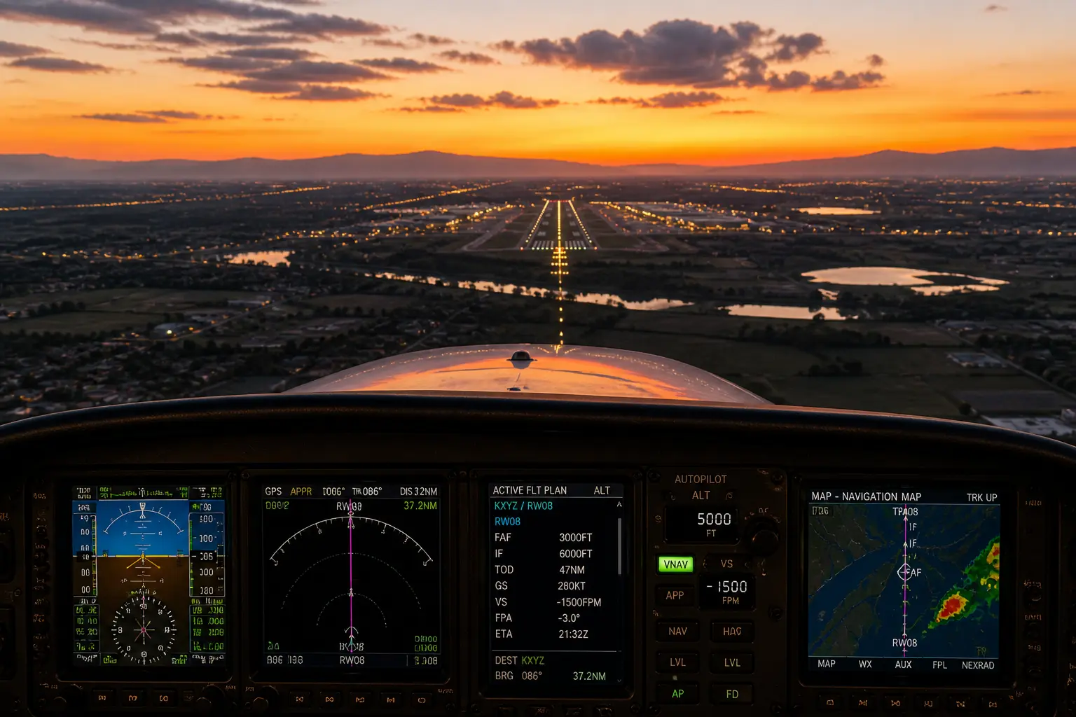 Cockpit view descending toward airport at sunset illustrating descent planning