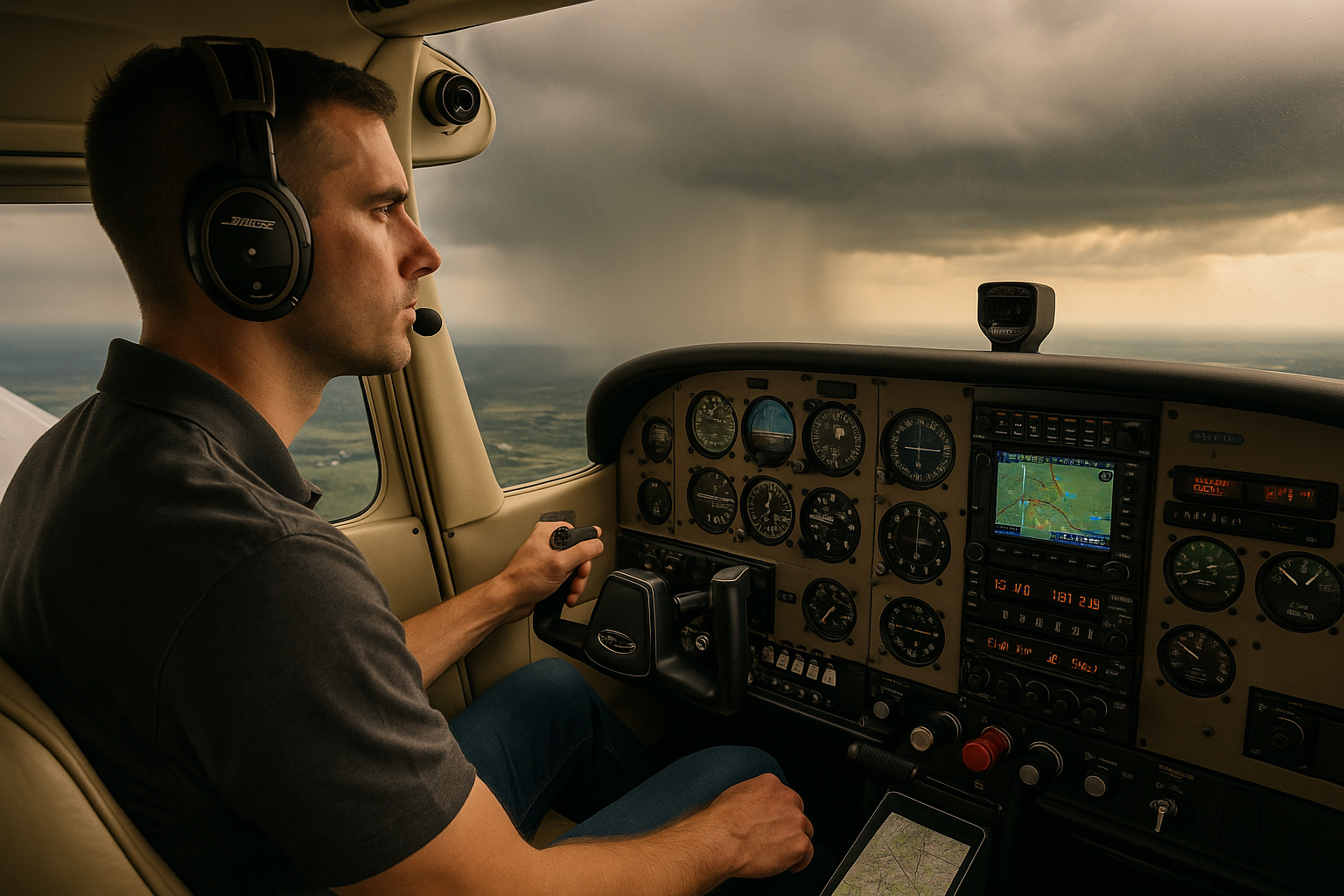 Pilot reviewing avionics and weather while assessing a developing in-flight safety situation