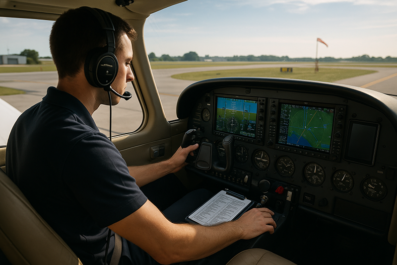 Pilot reviewing a personal SOP briefing card in a light aircraft cockpit before departure
