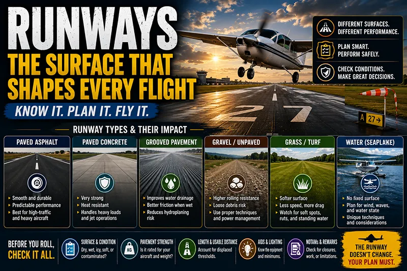 Small single-engine airplane taxiing onto a paved runway beside a grass strip at a regional airport, showing different runway types and surfaces