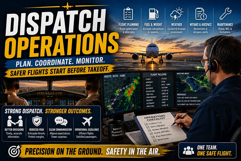 Flight crew consulting an operational flight plan and weather displays in the cockpit while an operations control center coordinates a flight