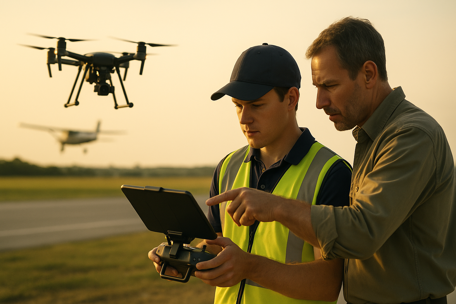A flight instructor reviewing drone-captured aerial video of a runway environment with a student pilot during training and mission planning.