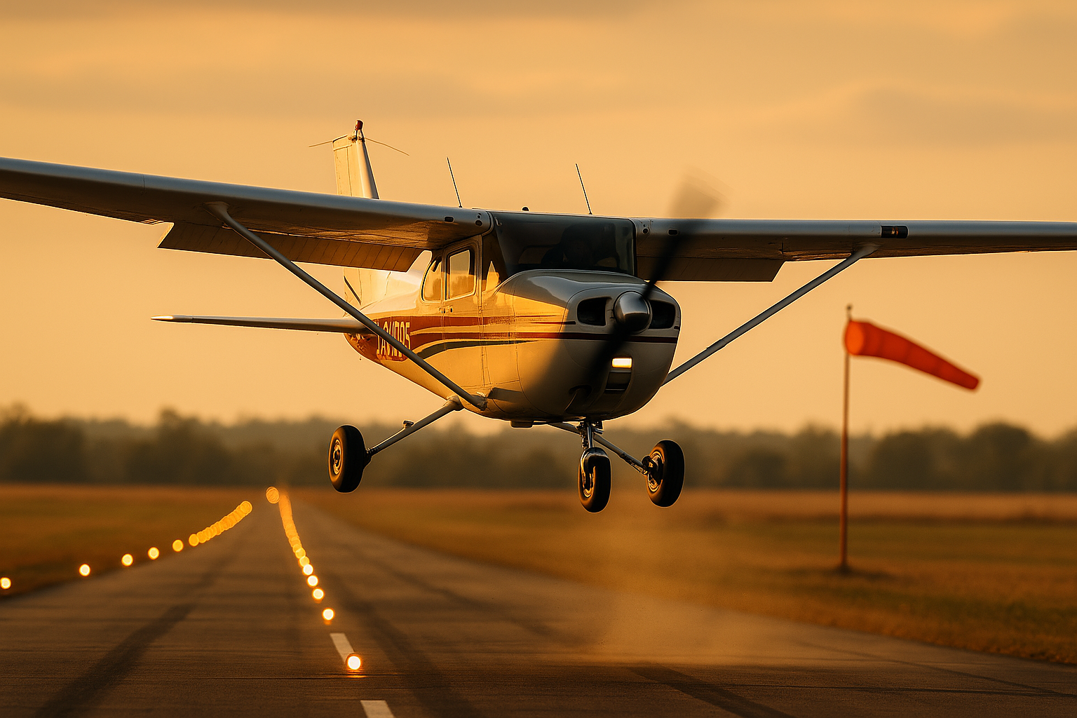 Single-engine airplane on final approach in strong crosswind with visible wind indicators and pilot using coordinated controls to maintain runway alignment and efficient flight