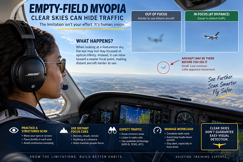Pilot scanning a clear blue sky from a training aircraft cockpit for nearby VFR traffic