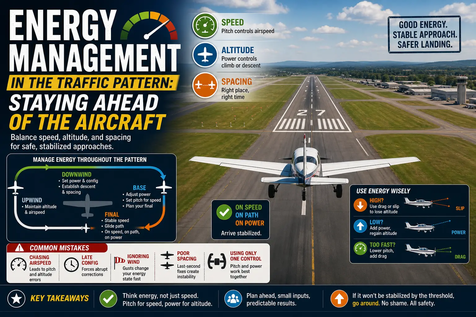 Single-engine training aircraft on final approach illustrating energy management in the traffic pattern