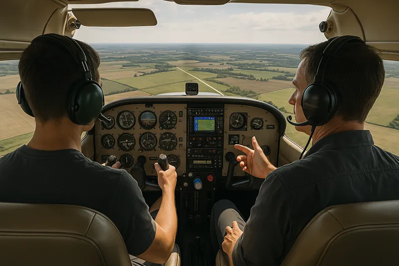 Single-engine trainer performing emergency procedure training over open terrain with instructor and student practicing engine failure scenarios in flight