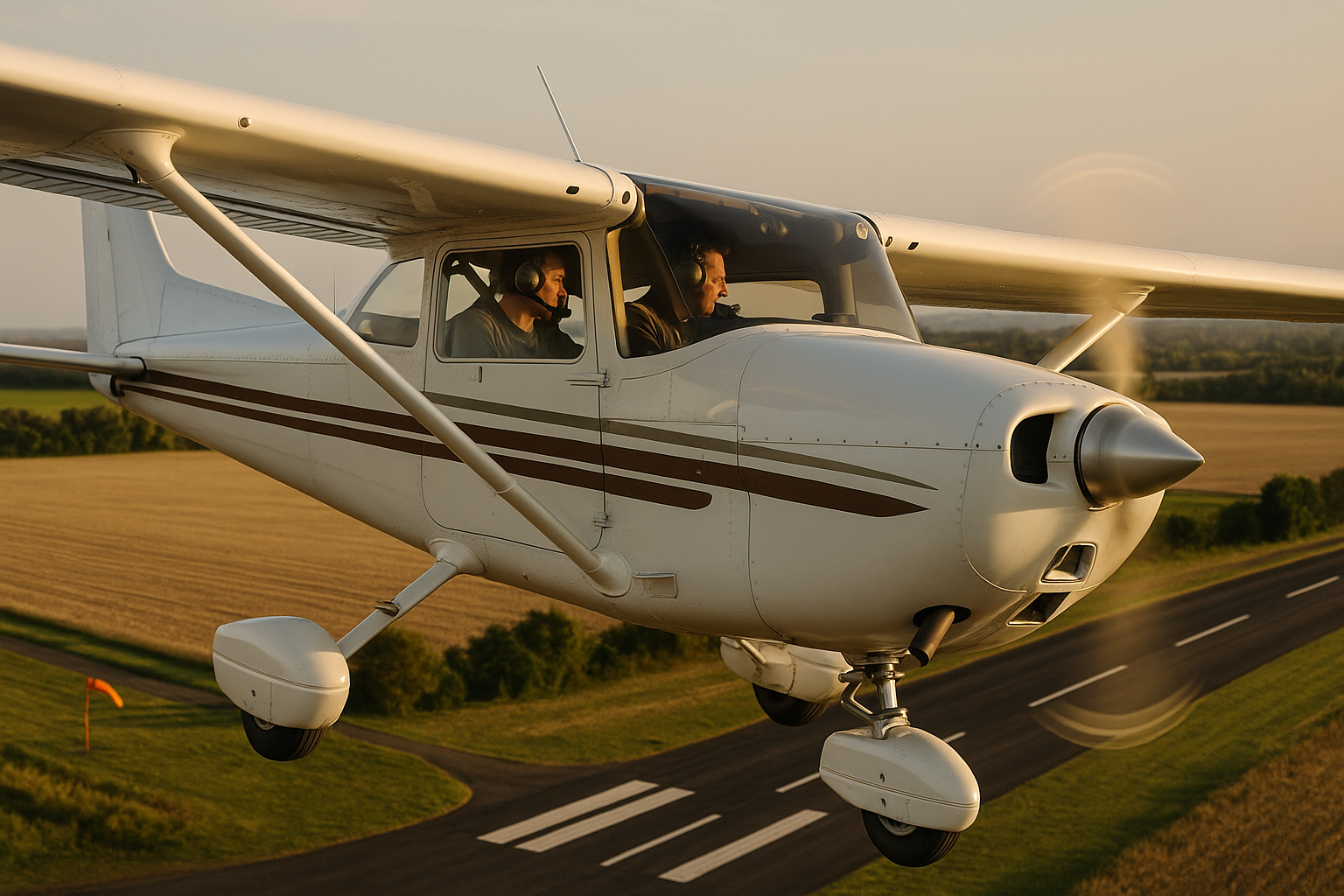 Pilot and flight instructor practicing simulated engine failure procedures in a single-engine cockpit during day VFR training, focusing on control and checklist flow.