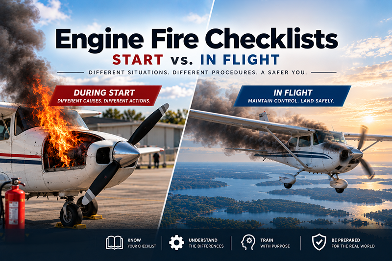 Pilot reviewing an engine fire checklist in a training aircraft cockpit before engine start