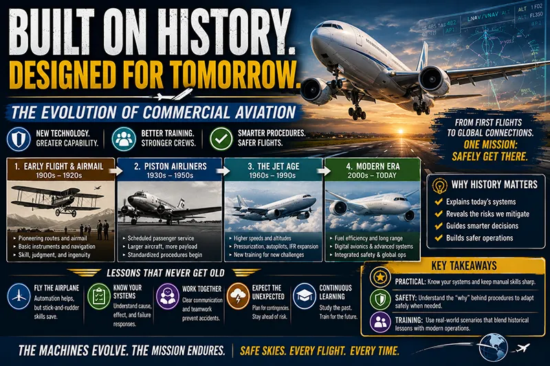Timeline collage of historic biplanes, early prop airliners, classic jetliners, and modern commercial aircraft in flight over varied terrain