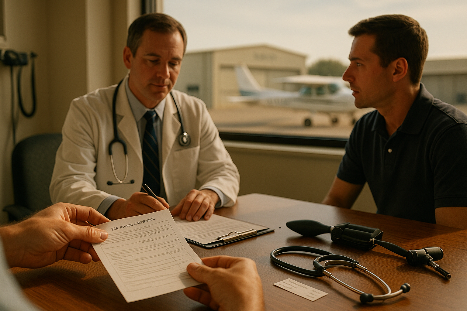 Pilot speaking with an Aviation Medical Examiner in a clinic, with aviation documents and a headset on the table indicating medical certification for flight duties