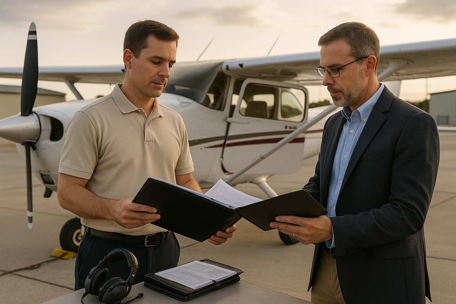 FAA inspector speaking with a general aviation pilot beside a parked training aircraft on the ramp