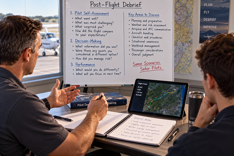 Flight instructor and student pilot reviewing a post-flight debrief to improve aviation decision-making