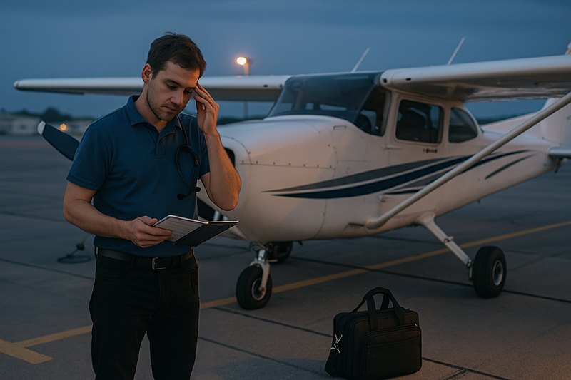 General aviation pilot reviewing a preflight plan in a quiet cockpit while managing fatigue risk