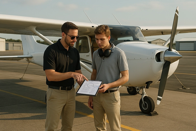A flight instructor coaching a student in a light aircraft cockpit during daytime circuits, demonstrating hands-on technique and instrument scan.