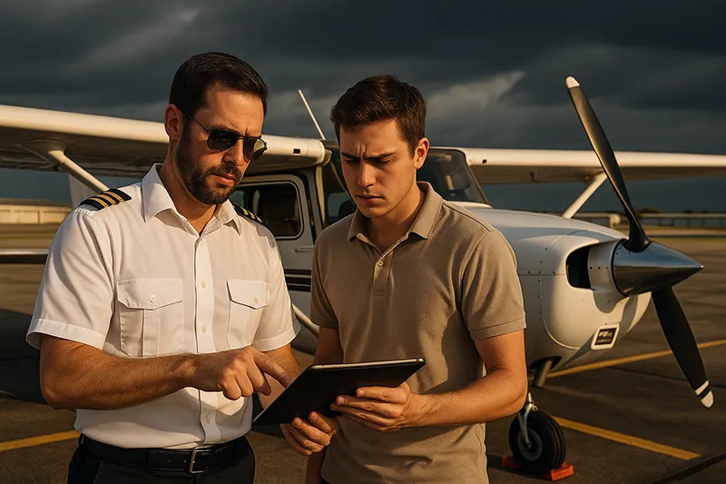 Flight instructor coaching a student pilot during approach in a single-engine trainer, demonstrating decision-making and cockpit communication for safer flights.