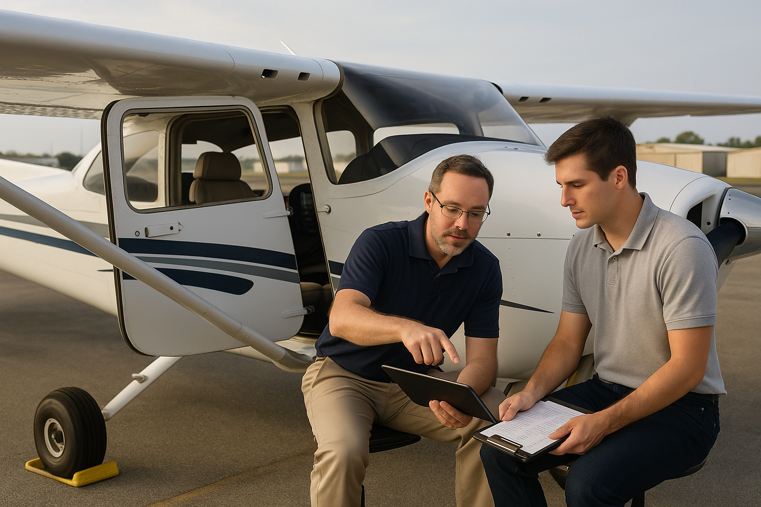 A general aviation pilot briefing before a flight review beside a single-engine aircraft on a sunlit ramp, with an electronic flight bag displaying charts and performance data.