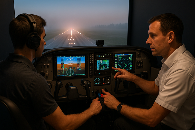 Pilot practicing instrument procedures in a flight simulator with realistic cockpit displays