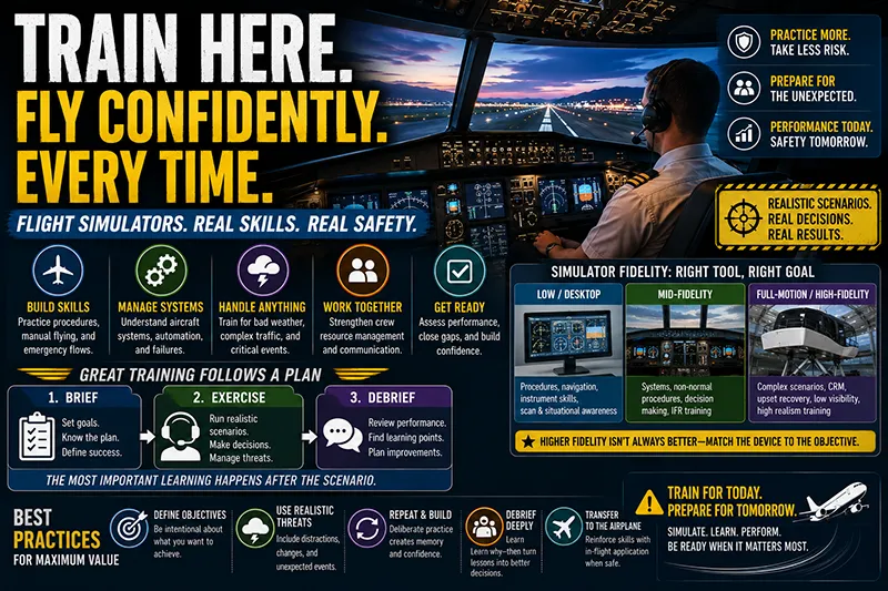 Pilot and instructor in a full flight simulator cockpit practicing instrument and emergency procedures with realistic visuals