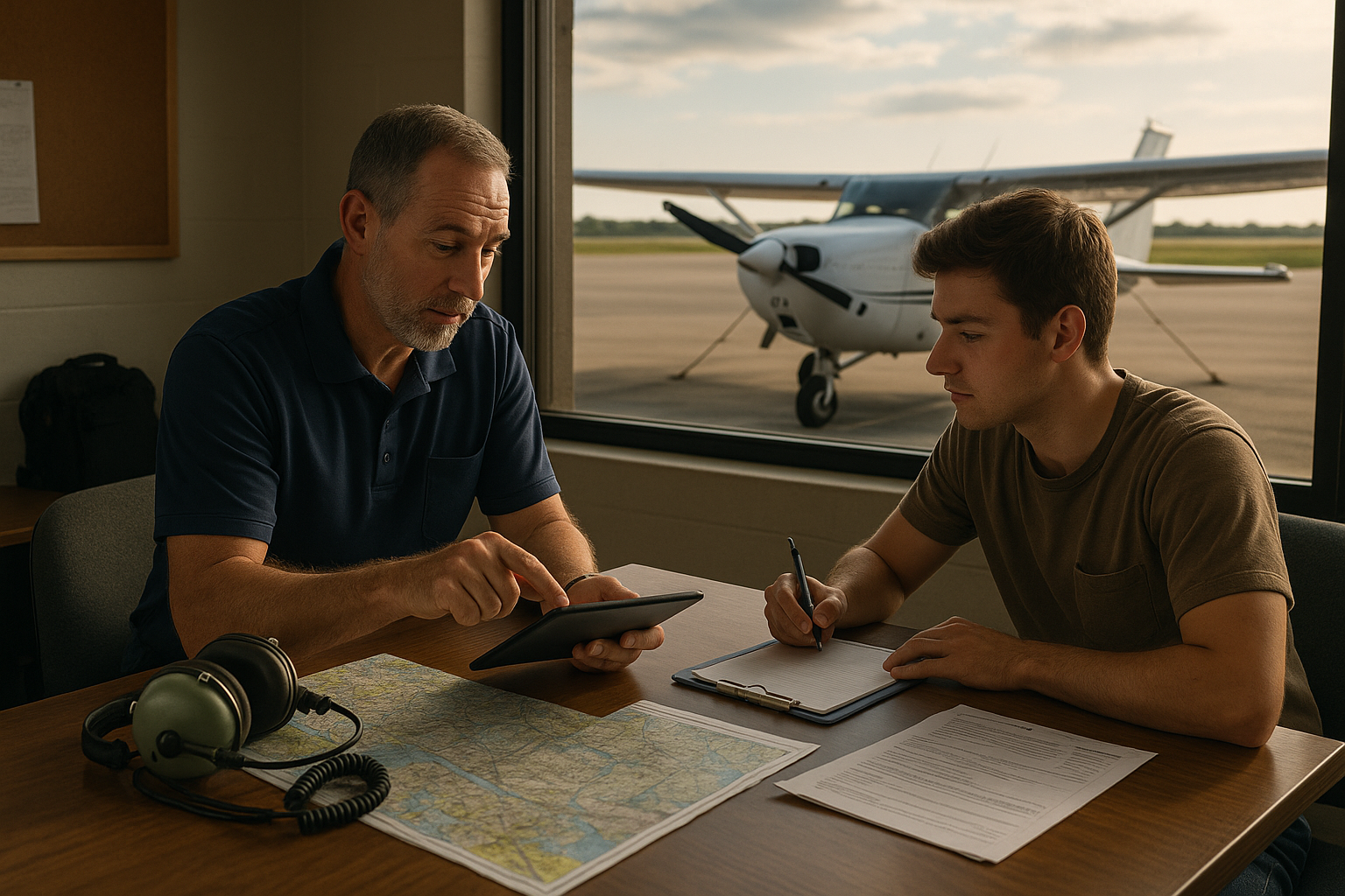 Student pilot and flight instructor reviewing a flight training schedule on a tablet near a small training aircraft at a general aviation airport during preflight planning and briefing